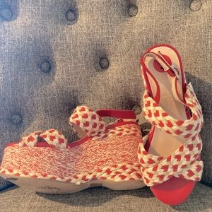 Free People sandals red and white with wedge heel.